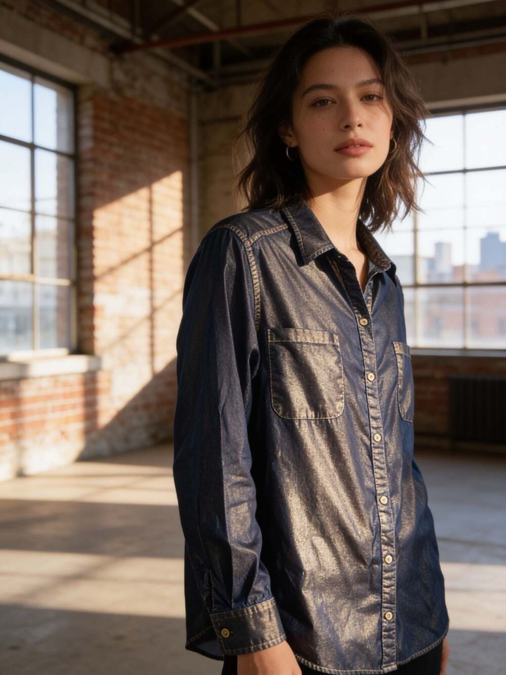Chico's Size 3 Metallic Foil Effect Denim Long Sleeve Button Down Shirt XL